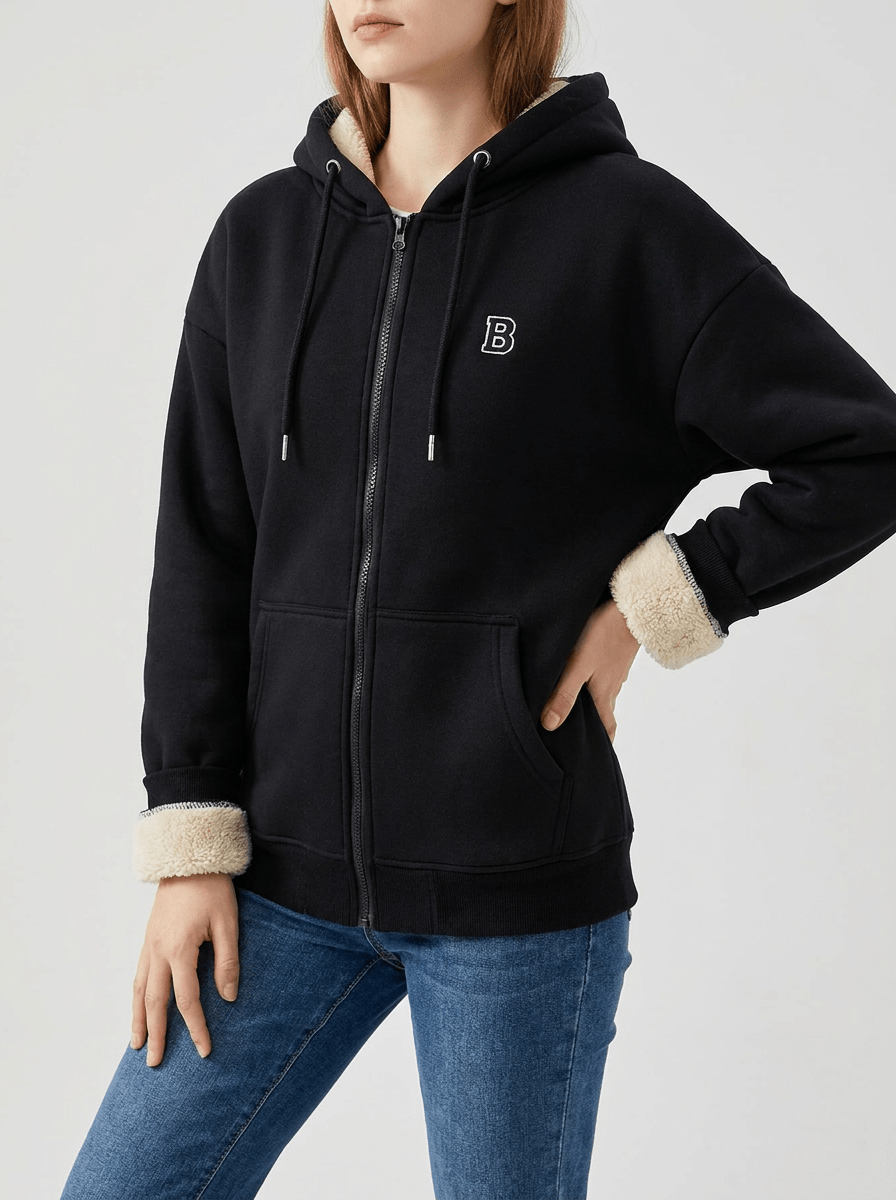 Fleece Lined Zip Up Hoodie Women Drawstring Warm Jacket With Pockets — Kharites Shop - Kharites