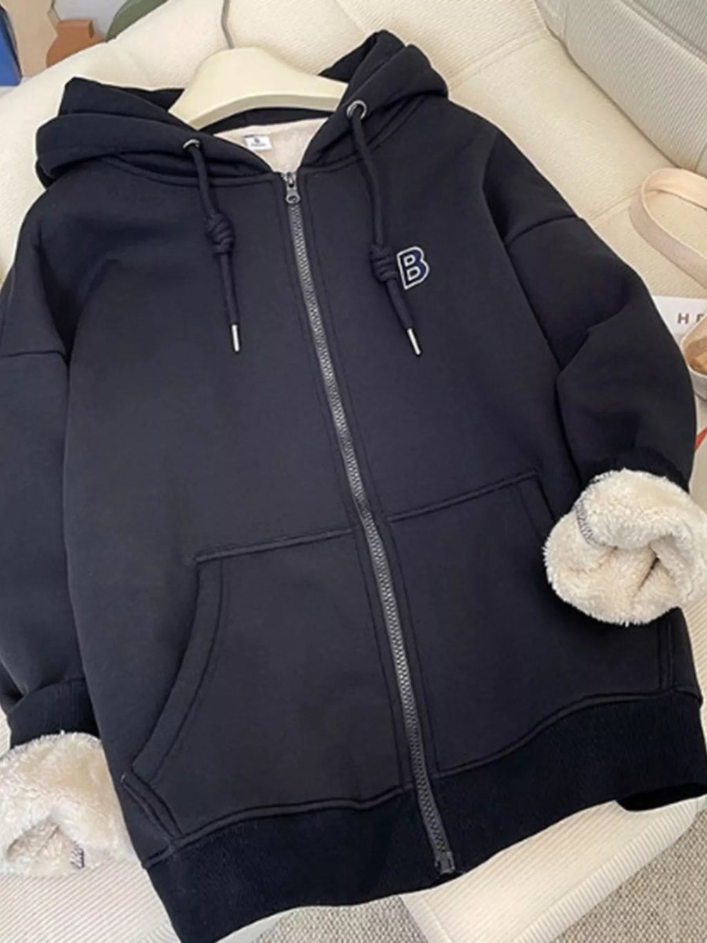 Fleece Lined Zip Up Hoodie Women Drawstring Warm Jacket With Pockets — Kharites Shop - Kharites