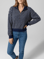 Half Zip Knit Top Women Stripped Collared Long Sleeve Pullover Sweater — Kharites Shop - Kharites