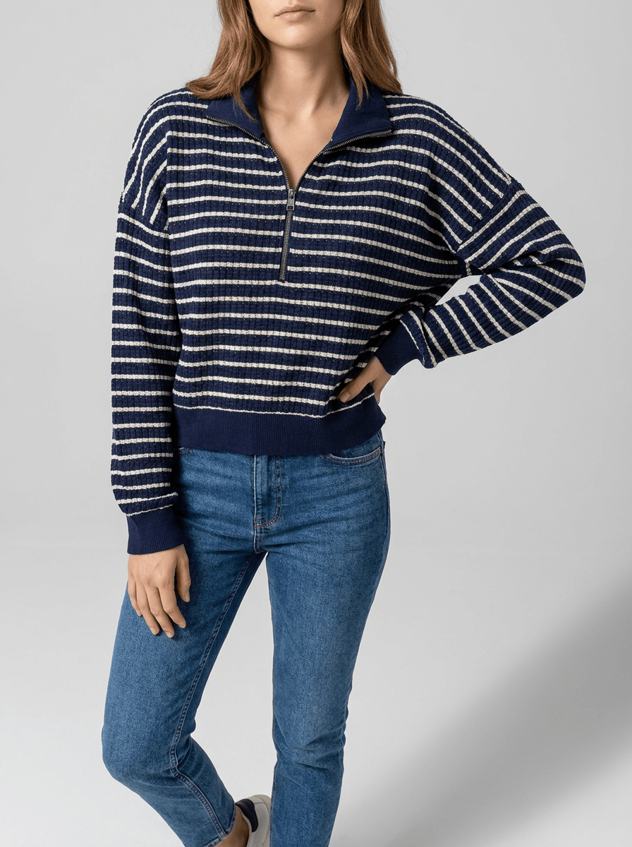 Half Zip Knit Top Women Stripped Collared Long Sleeve Pullover Sweater — Kharites Shop - Kharites