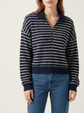 Half Zip Knit Top Women Stripped Collared Long Sleeve Pullover Sweater — Kharites Shop - Kharites