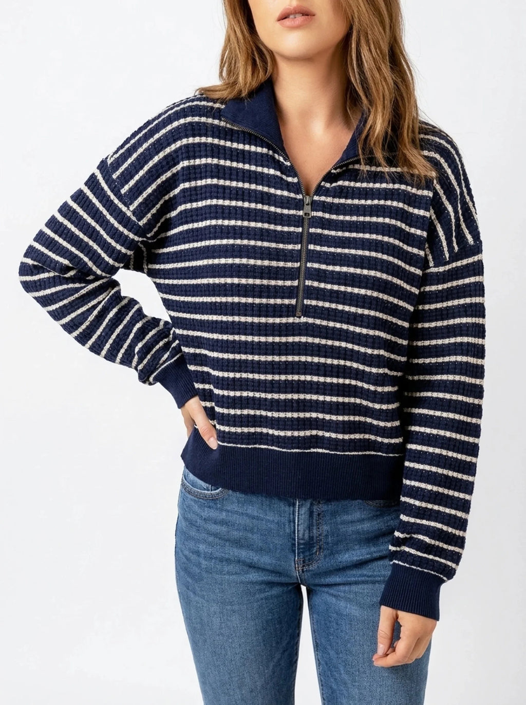 Half Zip Knit Top Women Stripped Collared Long Sleeve Pullover Sweater — Kharites Shop - Kharites