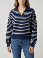 Half Zip Knit Top Women Stripped Collared Long Sleeve Pullover Sweater — Kharites Shop - Kharites