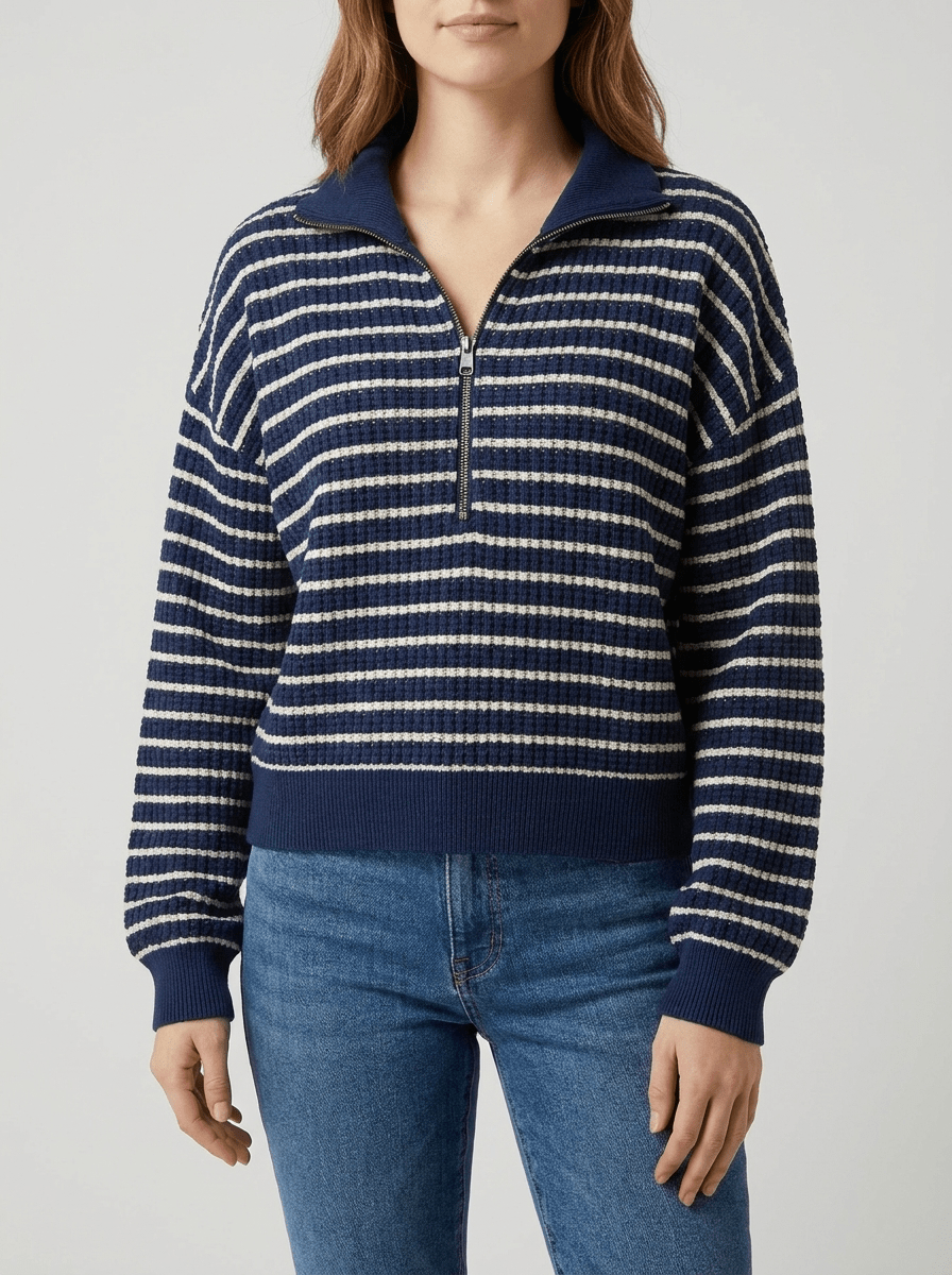 Half Zip Knit Top Women Stripped Collared Long Sleeve Pullover Sweater — Kharites Shop - Kharites