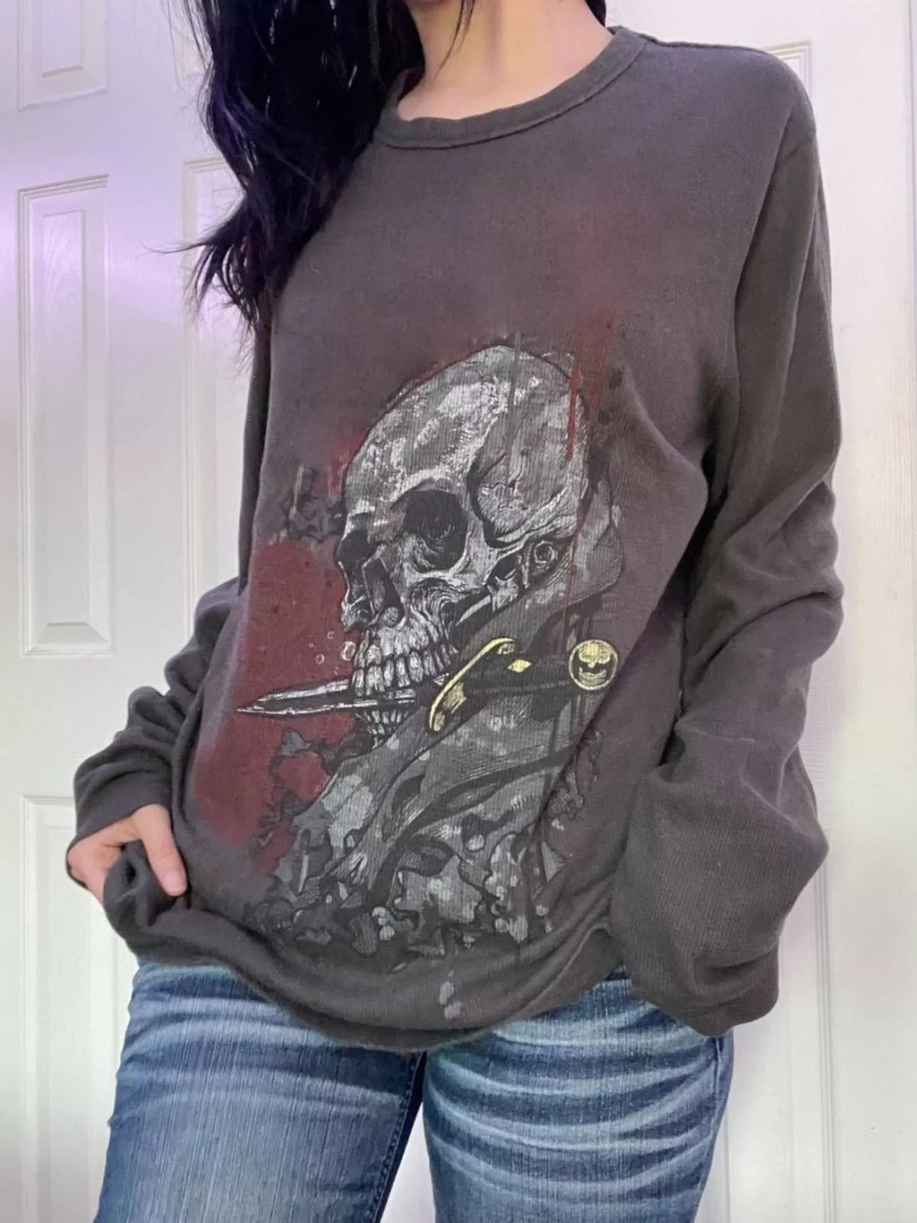Halloween Skeleton Long Sleeve Top Women Graphic Casual Goth Tee — Kharites Shop - Kharites