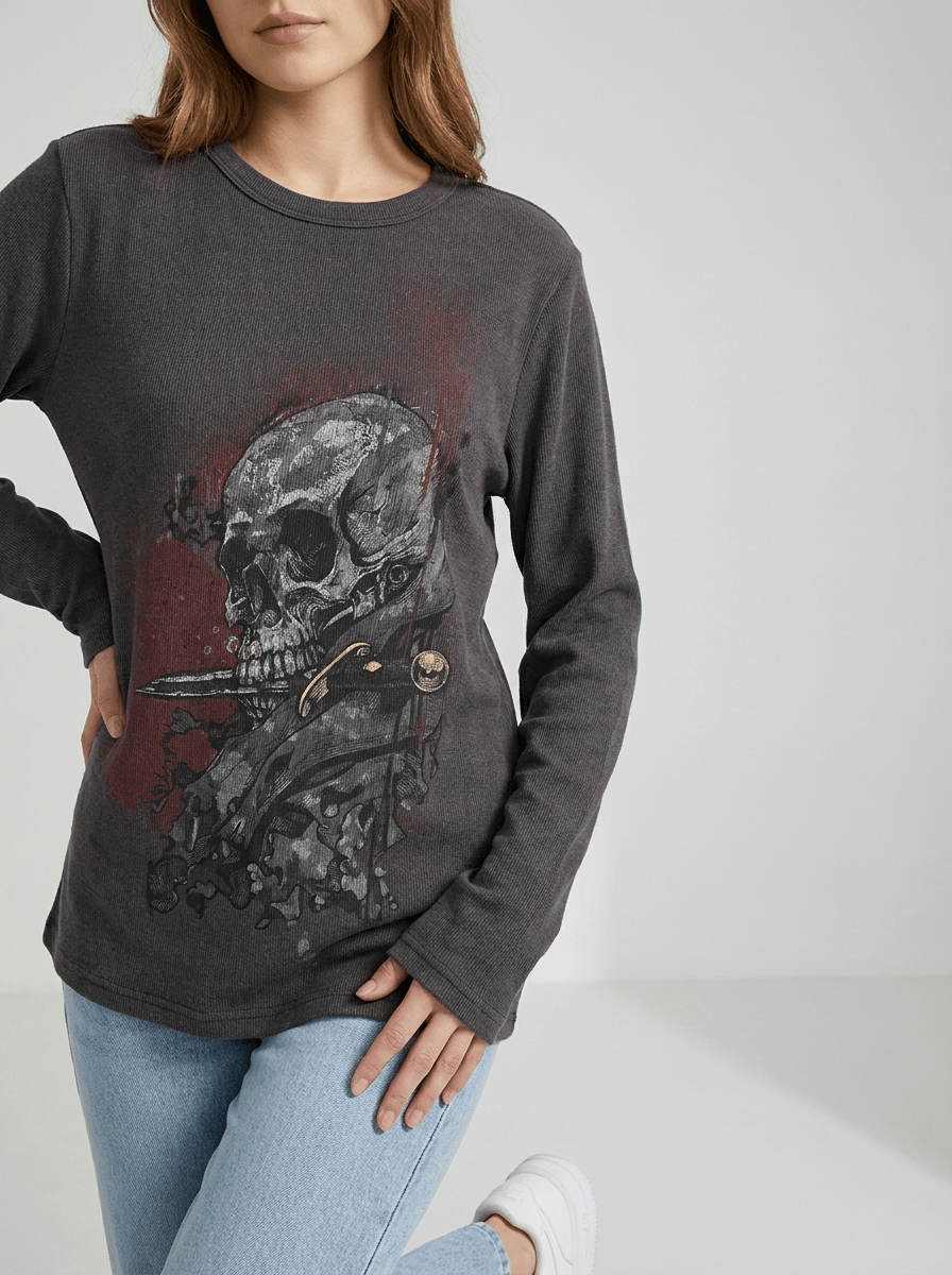 Halloween Skeleton Long Sleeve Top Women Graphic Casual Goth Tee — Kharites Shop - Kharites