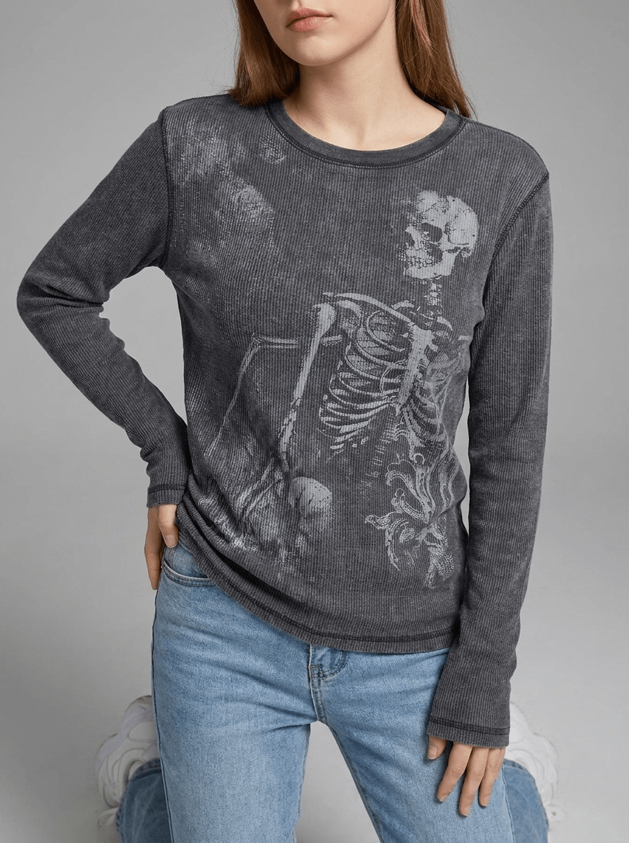 Halloween Skeleton Long Sleeve Top Women Graphic Casual Goth Tee — Kharites Shop - Kharites
