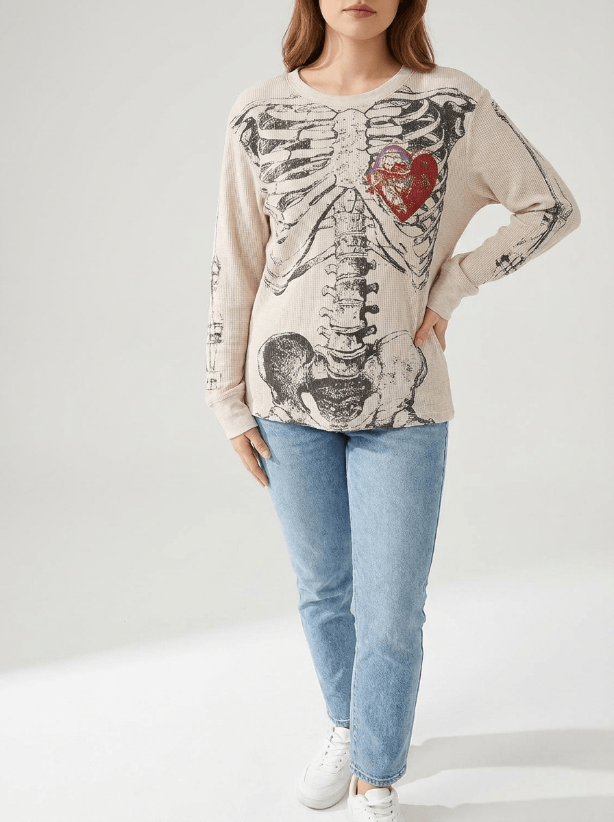 Halloween Skeleton Long Sleeve Top Women Graphic Casual Goth Tee — Kharites Shop - Kharites