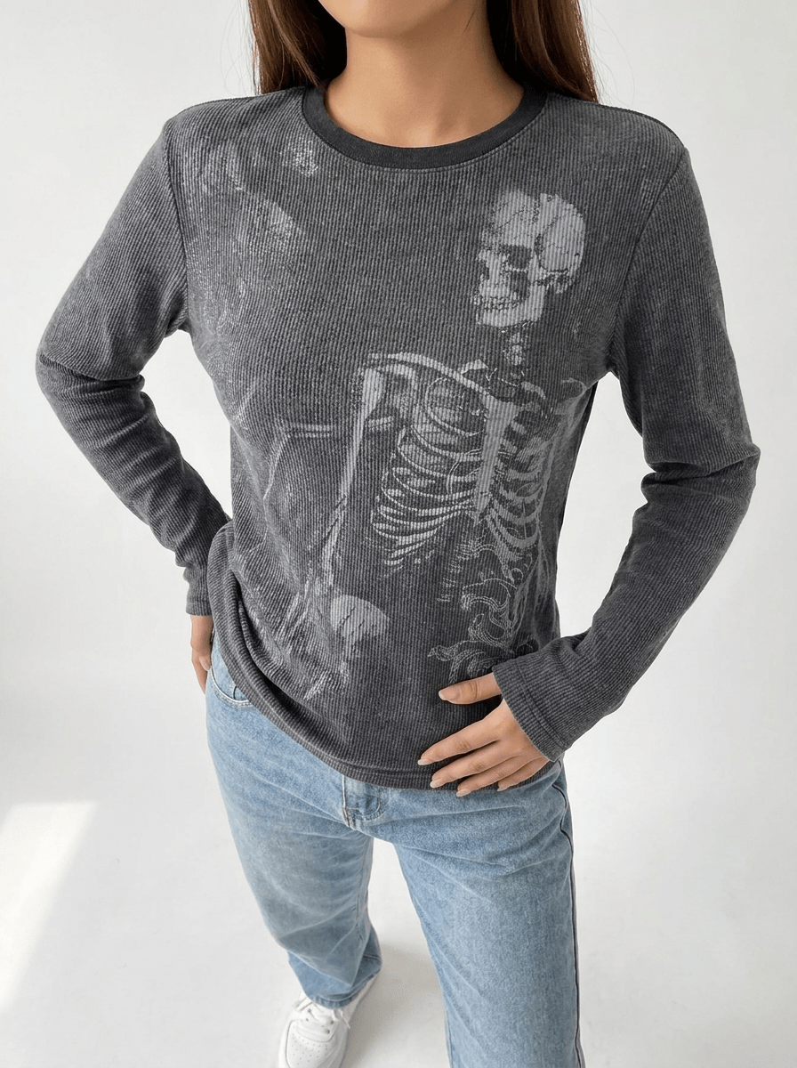 Halloween Skeleton Long Sleeve Top Women Graphic Casual Goth Tee — Kharites Shop - Kharites