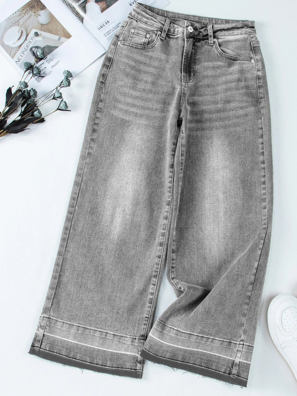 High Waist Wide Leg Washed Jeans - Kharites