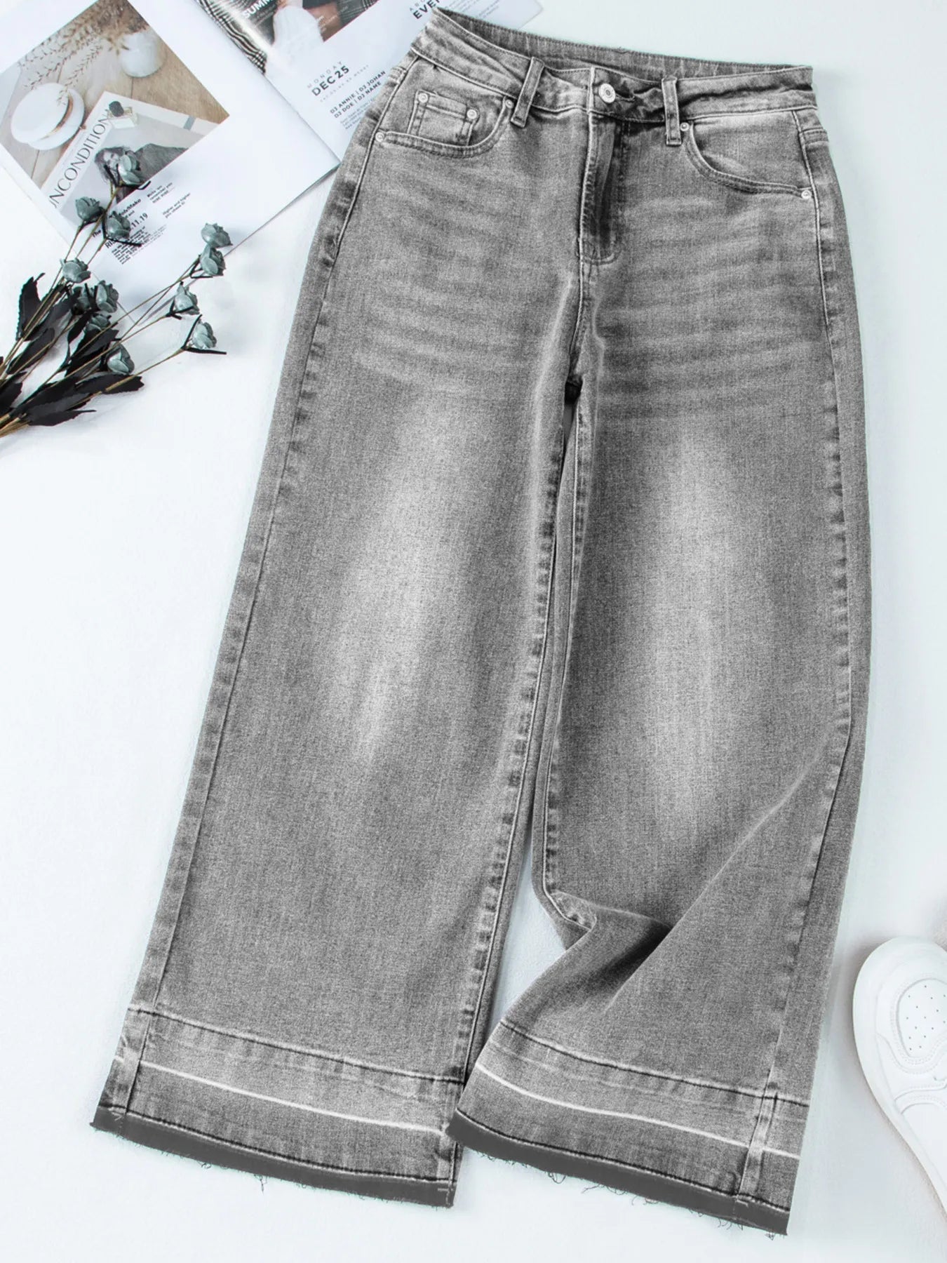 High Waist Wide Leg Washed Jeans - Kharites