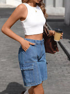 High-Waisted Wash Denim Shorts - Kharites