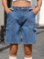 High-Waisted Wash Denim Shorts - Kharites