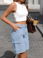 High-Waisted Wash Denim Shorts - Kharites