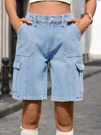 High-Waisted Wash Denim Shorts - Kharites