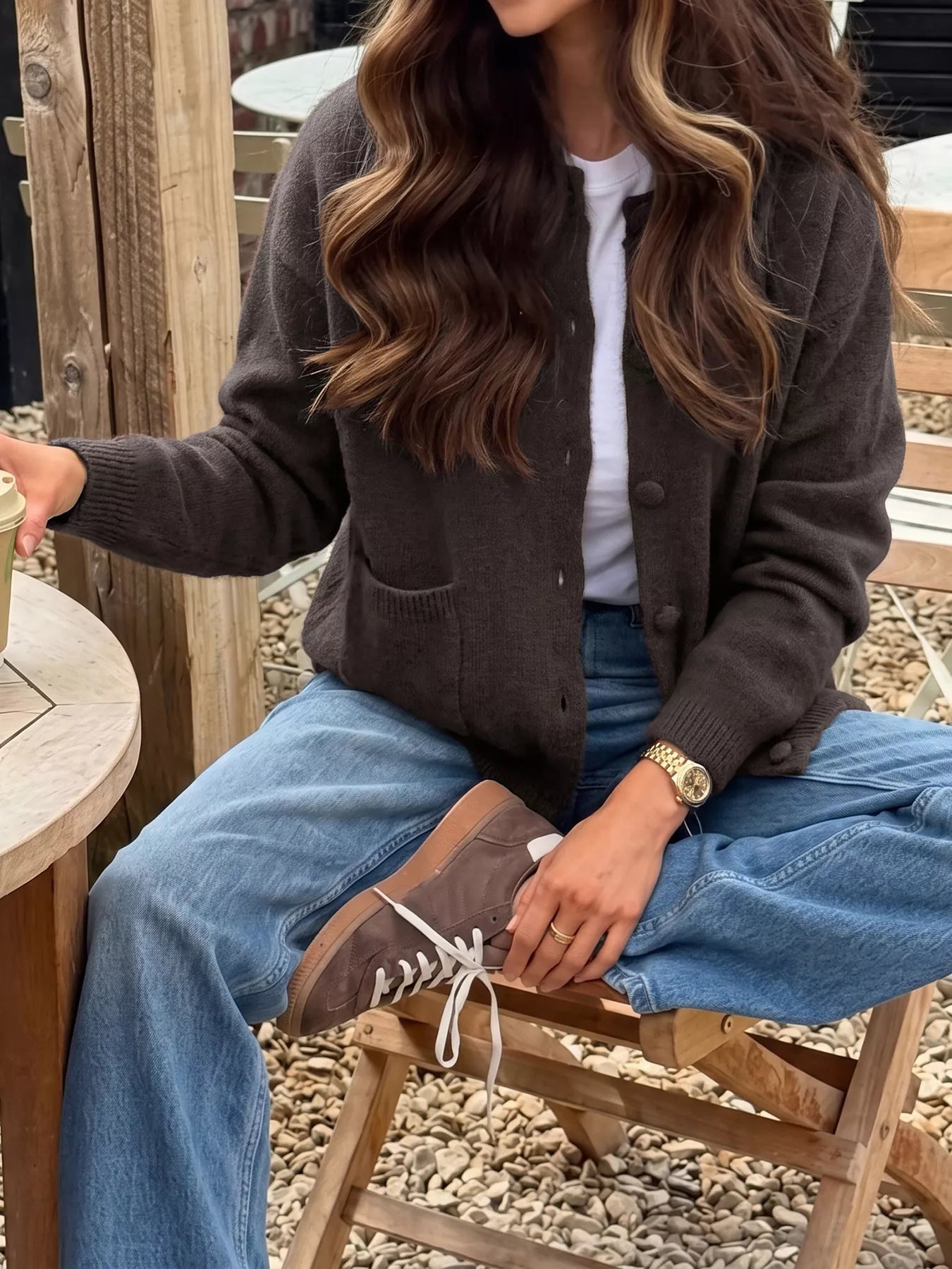 Knit Cardigan Women Crew Neck Button Up Ribbed Sweater With Pockets — Kharites Shop - Kharites