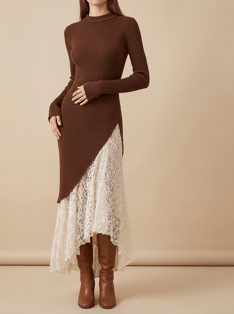 Knit Dress Women Mock Neck Lace Hem Long Sleeve High Low Sweater Midi — Kharites Shop - Kharites