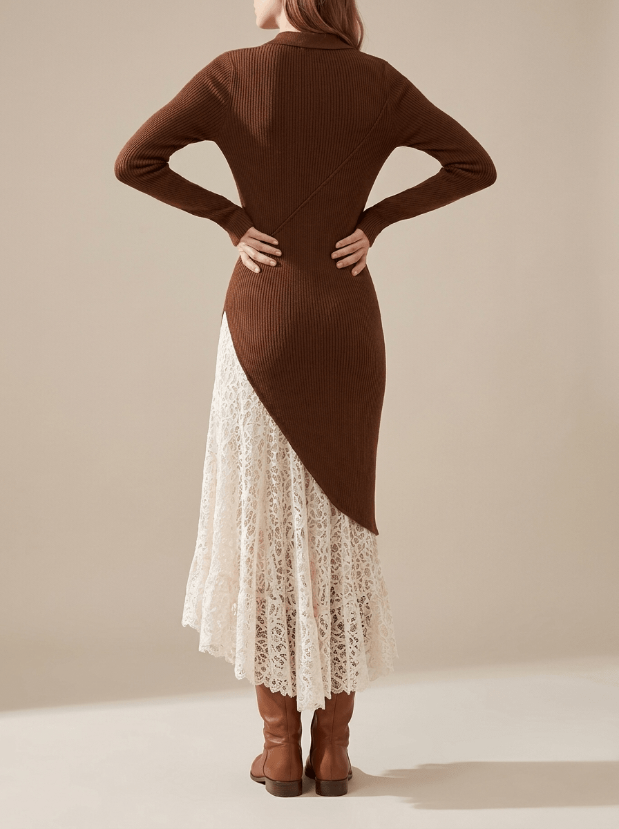 Knit Dress Women Mock Neck Lace Hem Long Sleeve High Low Sweater Midi — Kharites Shop - Kharites