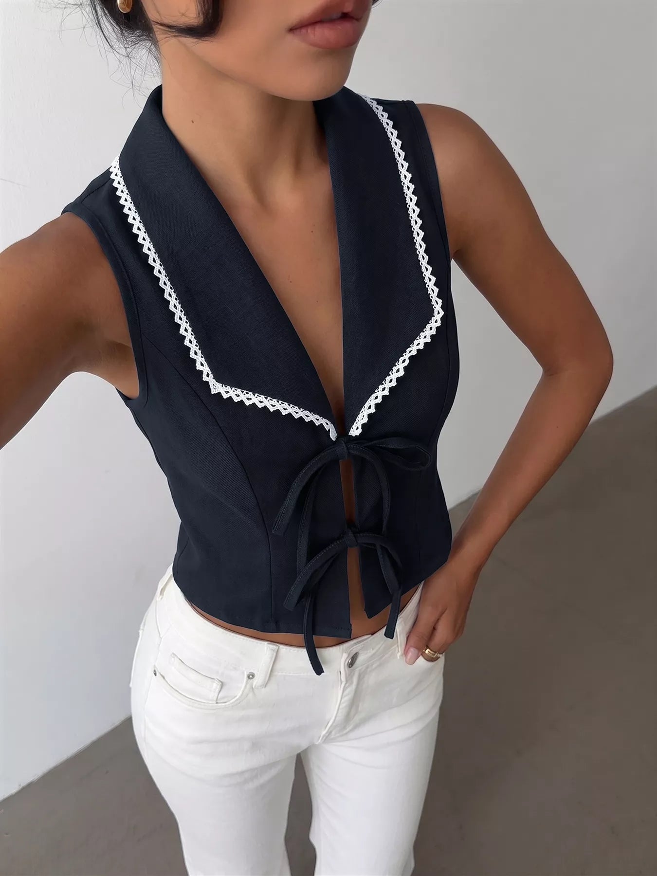 Lace Trim Tie Front Vest Top Women Sleeveless Cami — Kharites Shop - Kharites