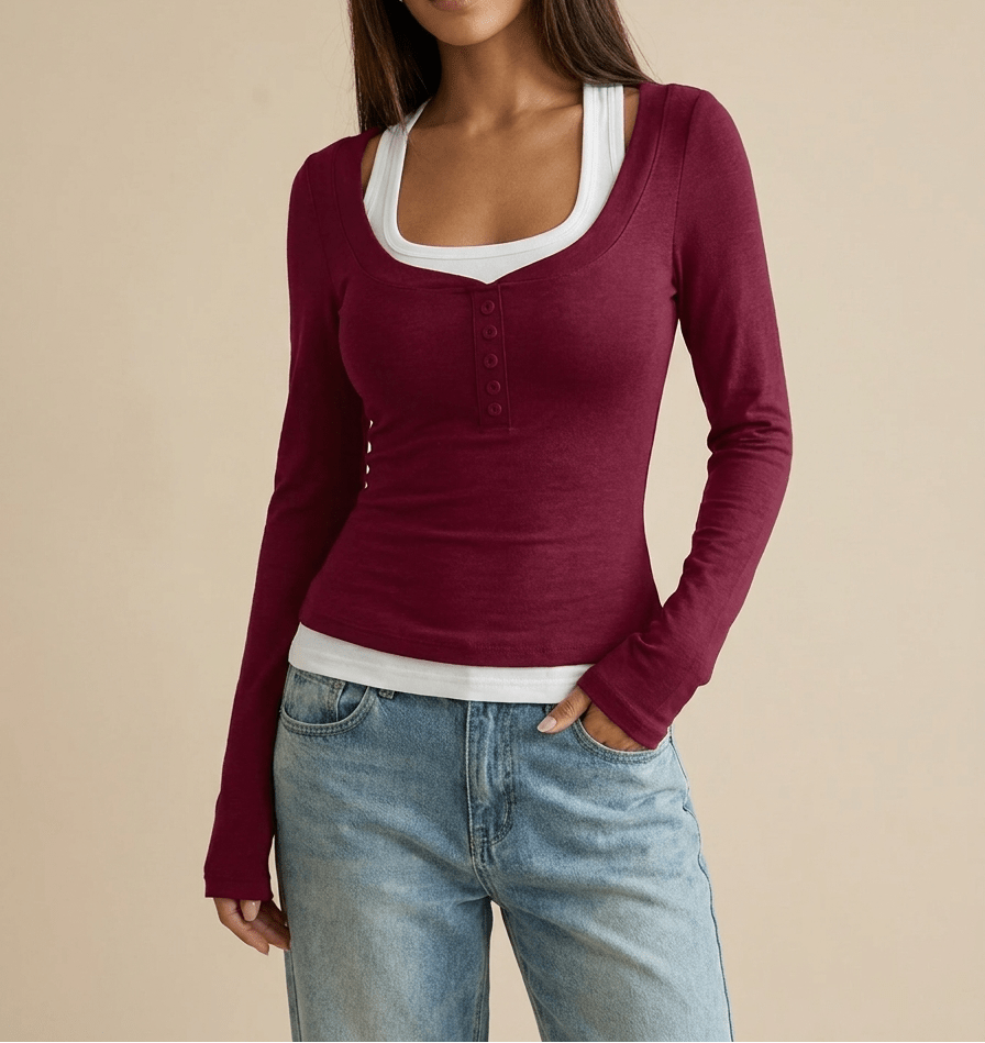 Layered Look Long Sleeve Top Women Scoop Neck Two Piece Style Tee — Kharites Shop - Kharites