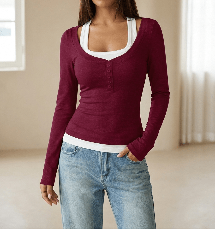 Layered Look Long Sleeve Top Women Scoop Neck Two Piece Style Tee — Kharites Shop - Kharites
