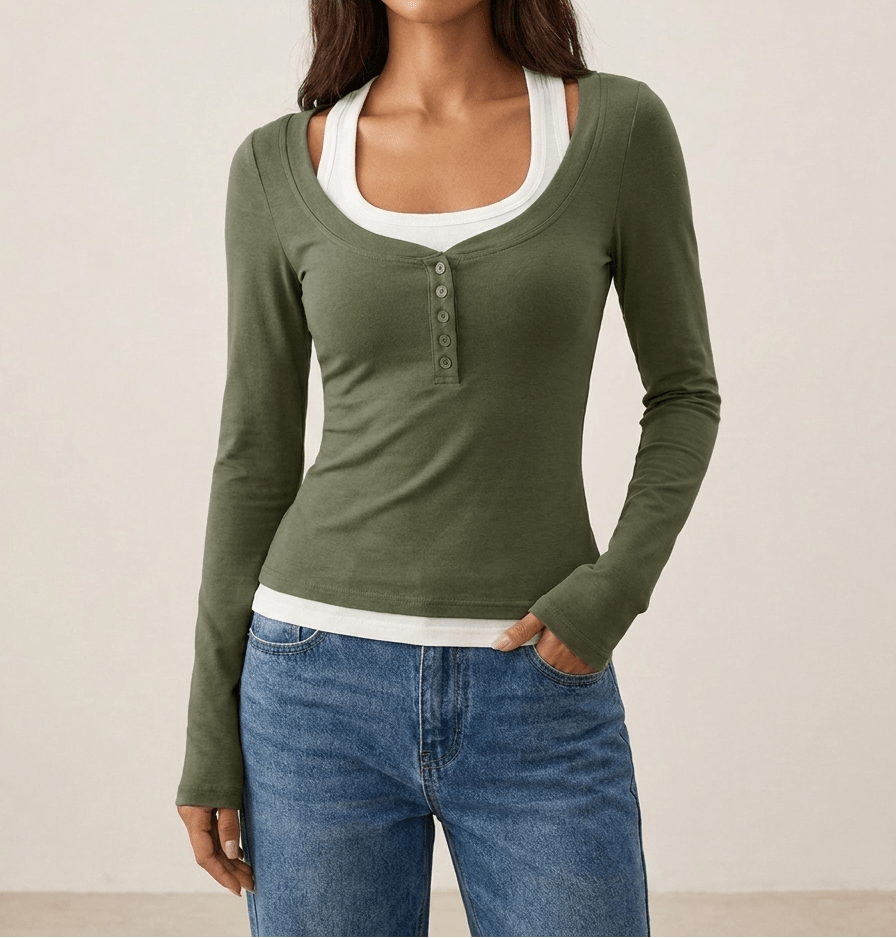 Layered Look Long Sleeve Top Women Scoop Neck Two Piece Style Tee — Kharites Shop - Kharites
