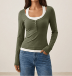 Layered Look Long Sleeve Top Women Scoop Neck Two Piece Style Tee — Kharites Shop - Kharites