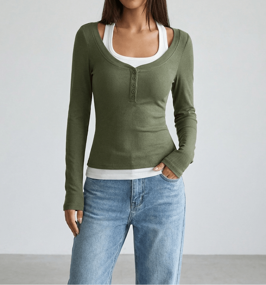 Layered Look Long Sleeve Top Women Scoop Neck Two Piece Style Tee — Kharites Shop - Kharites