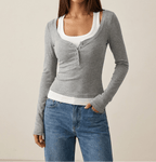 Layered Look Long Sleeve Top Women Scoop Neck Two Piece Style Tee — Kharites Shop - Kharites