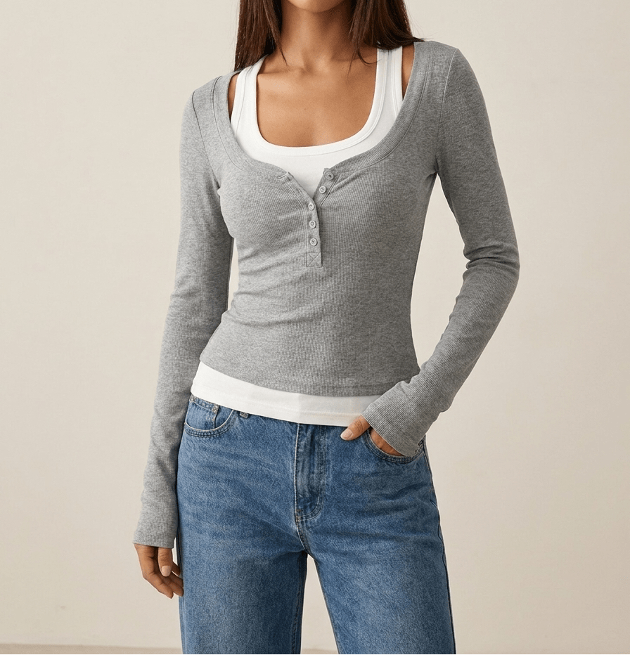 Layered Look Long Sleeve Top Women Scoop Neck Two Piece Style Tee — Kharites Shop - Kharites