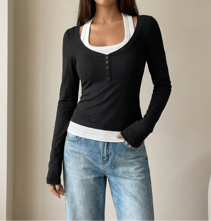 Layered Look Long Sleeve Top Women Scoop Neck Two Piece Style Tee — Kharites Shop - Kharites