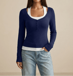 Layered Look Long Sleeve Top Women Scoop Neck Two Piece Style Tee — Kharites Shop - Kharites