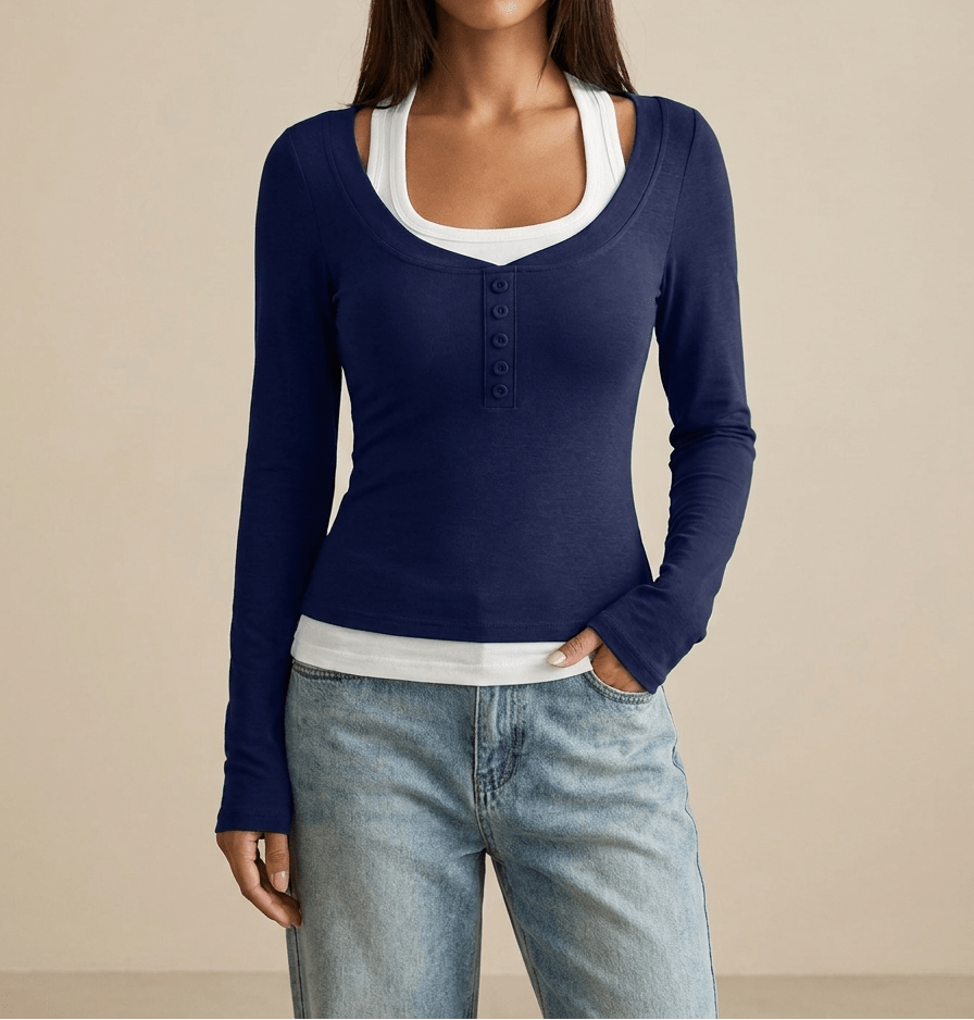 Layered Look Long Sleeve Top Women Scoop Neck Two Piece Style Tee — Kharites Shop - Kharites