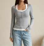 Layered Look Long Sleeve Top Women Scoop Neck Two Piece Style Tee — Kharites Shop - Kharites