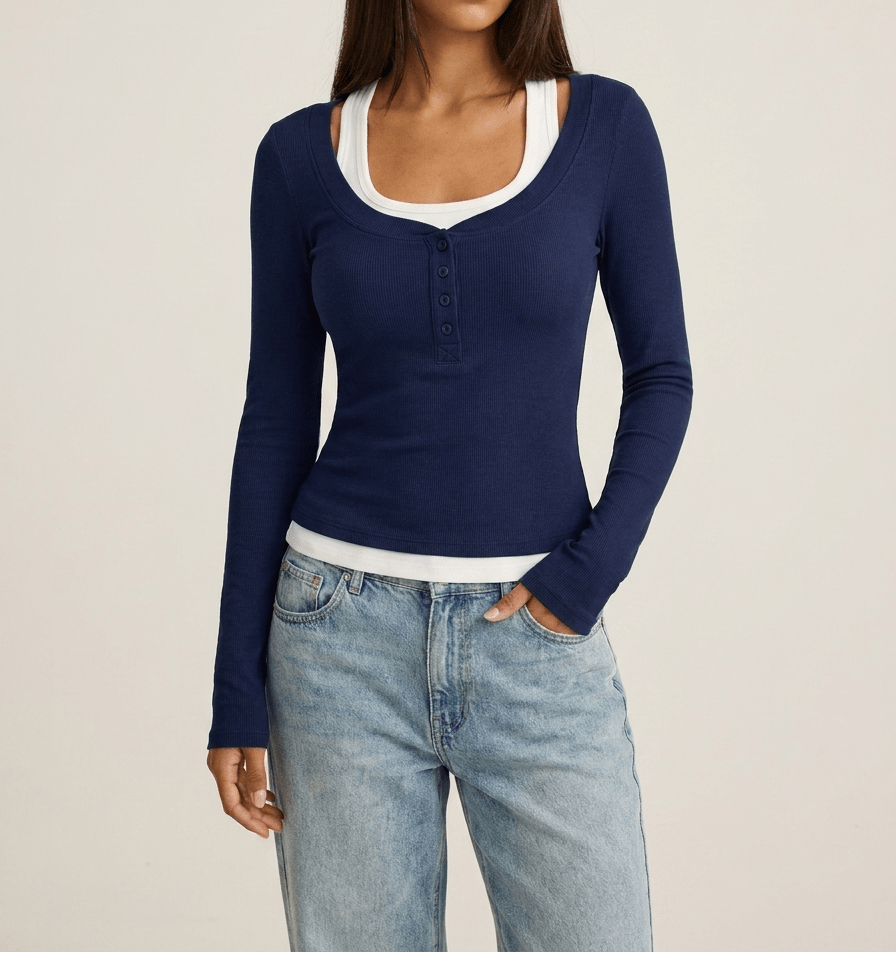 Layered Look Long Sleeve Top Women Scoop Neck Two Piece Style Tee — Kharites Shop - Kharites