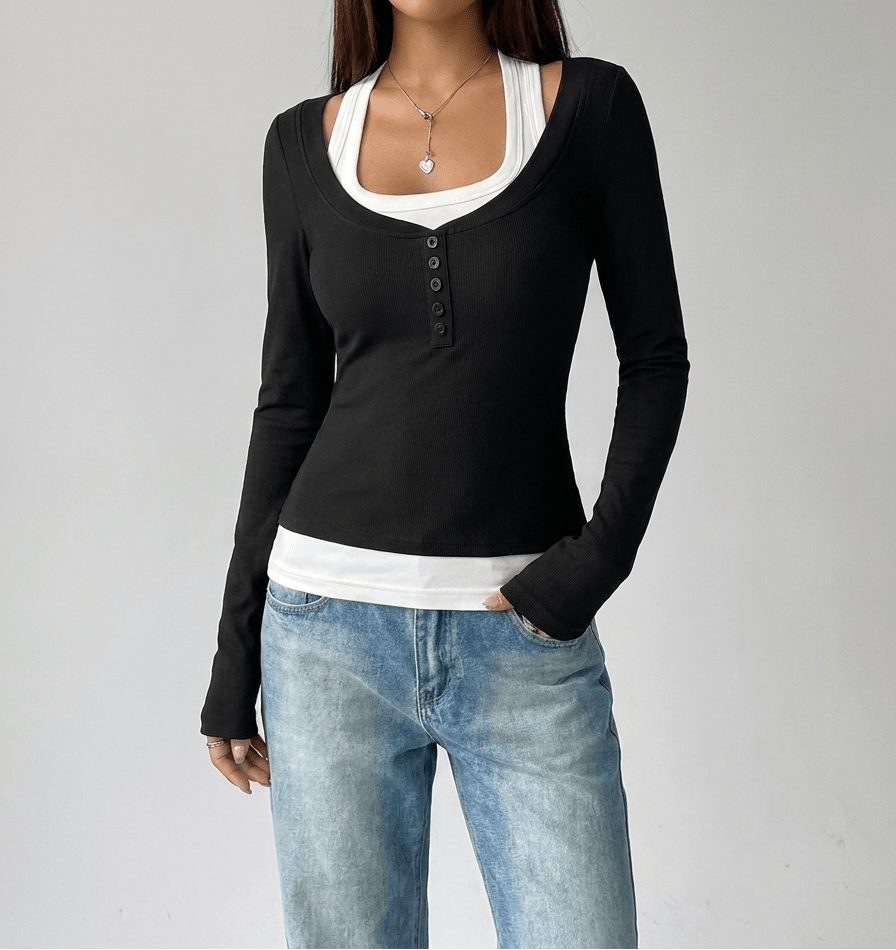 Layered Look Long Sleeve Top Women Scoop Neck Two Piece Style Tee — Kharites Shop - Kharites