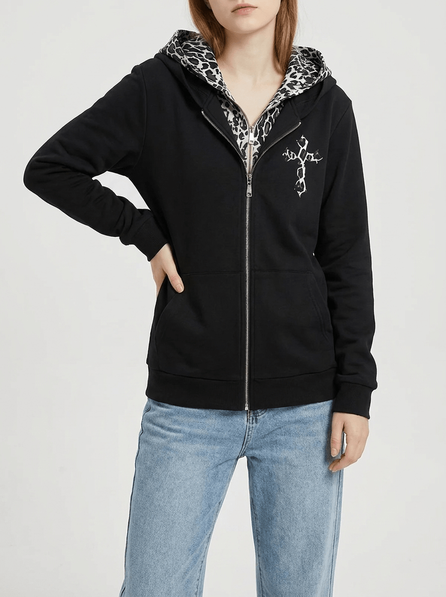 Leopard Lined Zip Up Hoodie Women Gothic Cross Graphic Warm Jacket — Kharites Shop - Kharites