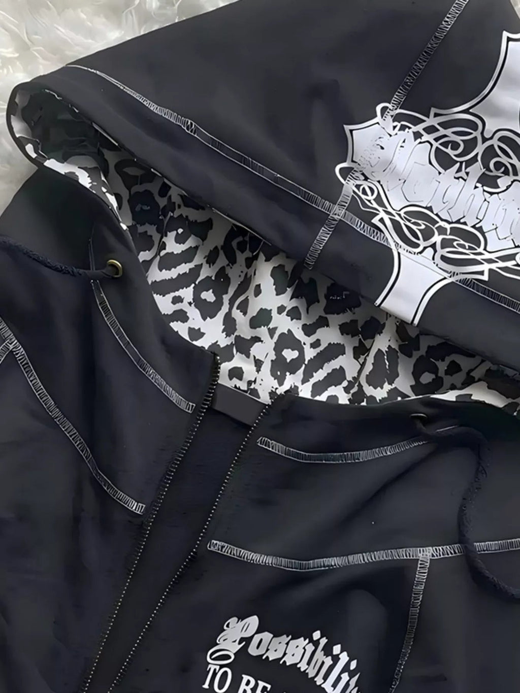 Leopard Lined Zip Up Hoodie Women Gothic Cross Graphic Warm Jacket — Kharites Shop - Kharites