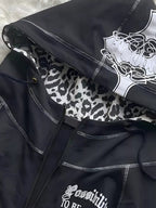Leopard Lined Zip Up Hoodie Women Gothic Cross Graphic Warm Jacket — Kharites Shop - Kharites