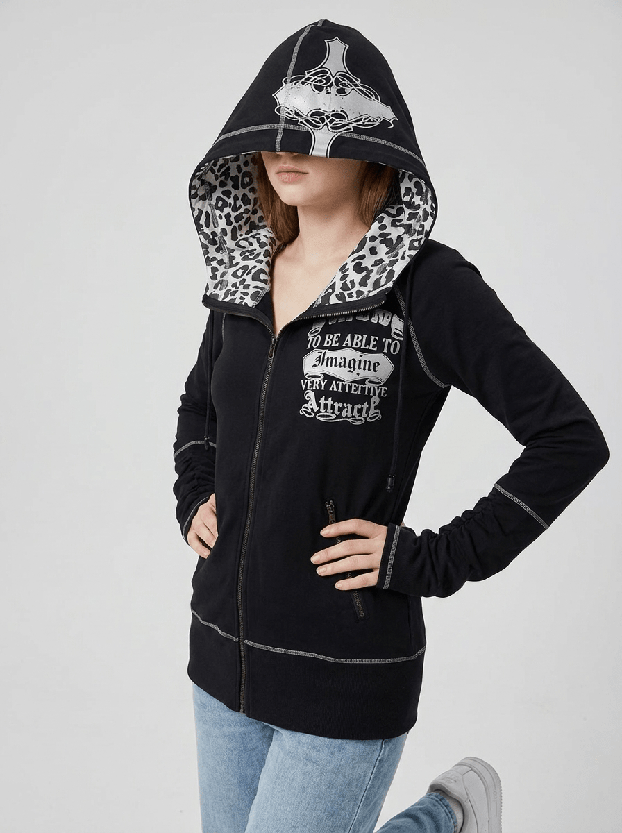 Leopard Lined Zip Up Hoodie Women Gothic Cross Graphic Warm Jacket — Kharites Shop - Kharites
