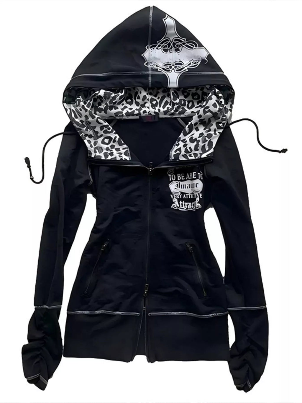 Leopard Lined Zip Up Hoodie Women Gothic Cross Graphic Warm Jacket — Kharites Shop - Kharites