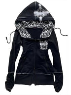 Leopard Lined Zip Up Hoodie Women Gothic Cross Graphic Warm Jacket — Kharites Shop - Kharites
