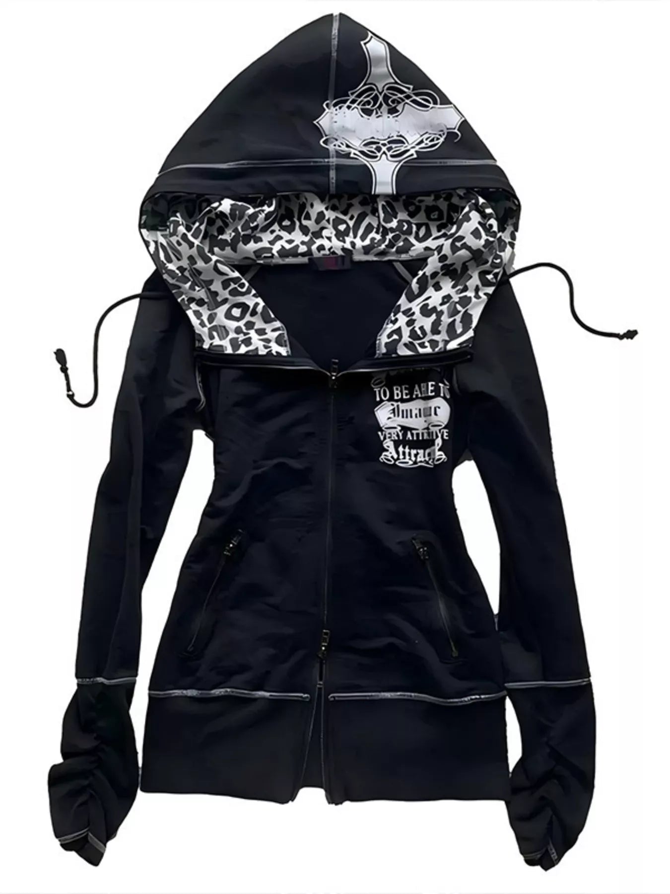 Leopard Lined Zip Up Hoodie Women Gothic Cross Graphic Warm Jacket — Kharites Shop - Kharites