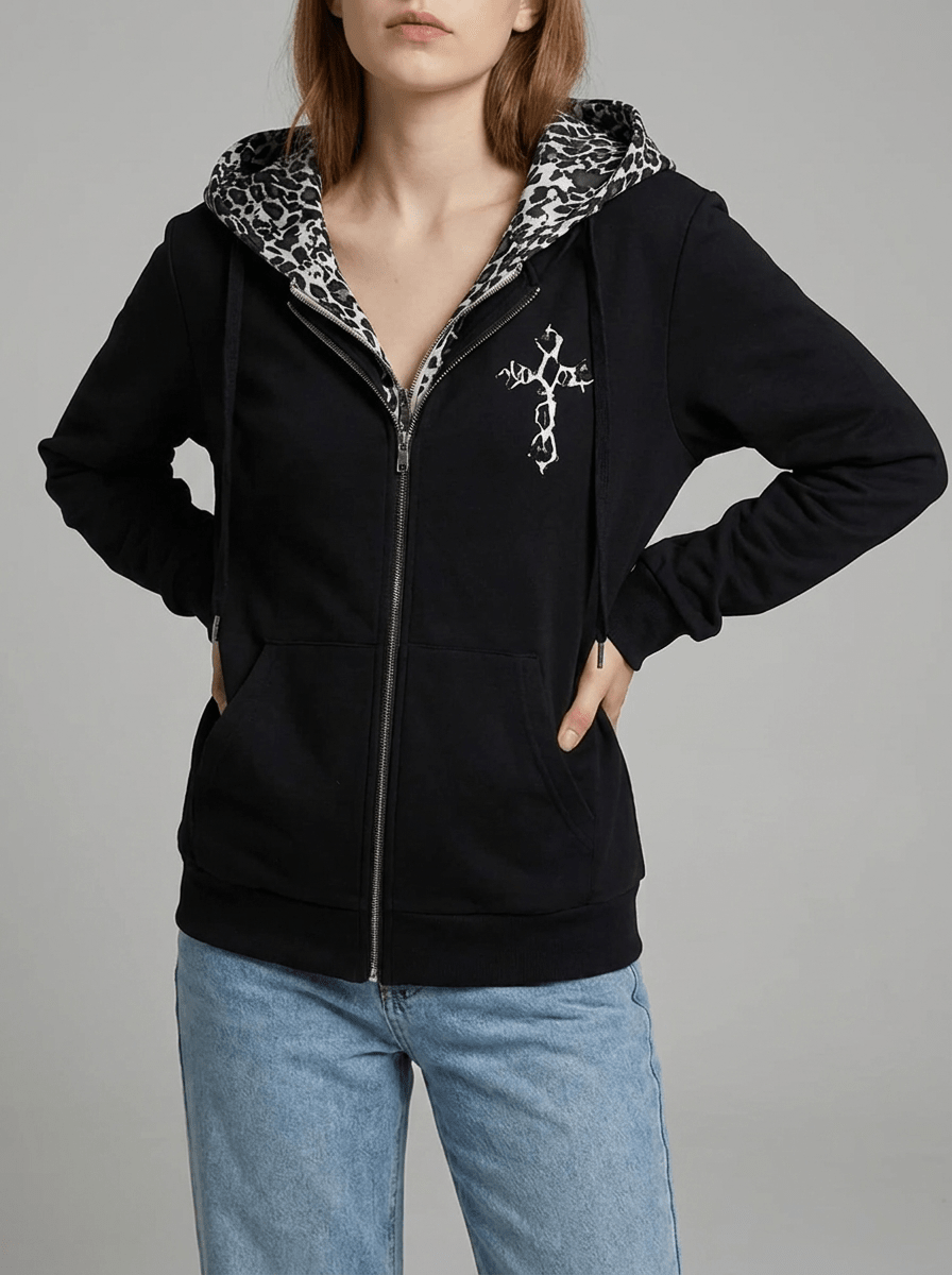 Leopard Lined Zip Up Hoodie Women Gothic Cross Graphic Warm Jacket — Kharites Shop - Kharites
