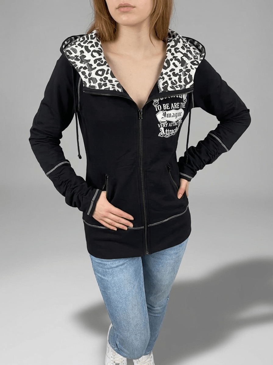 Leopard Lined Zip Up Hoodie Women Gothic Cross Graphic Warm Jacket — Kharites Shop - Kharites
