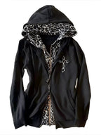 Leopard Lined Zip Up Hoodie Women Gothic Cross Graphic Warm Jacket — Kharites Shop - Kharites