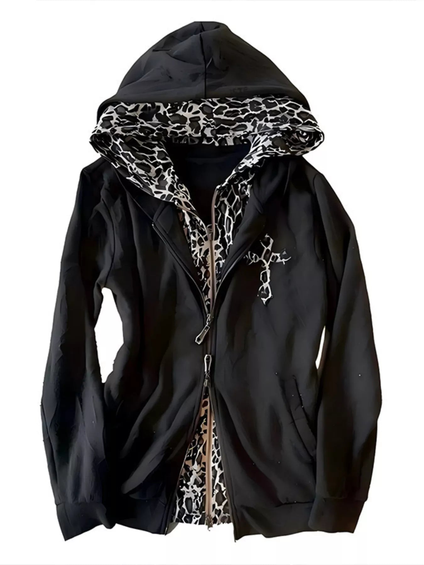 Leopard Lined Zip Up Hoodie Women Gothic Cross Graphic Warm Jacket — Kharites Shop - Kharites