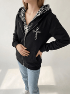 Leopard Lined Zip Up Hoodie Women Gothic Cross Graphic Warm Jacket — Kharites Shop - Kharites