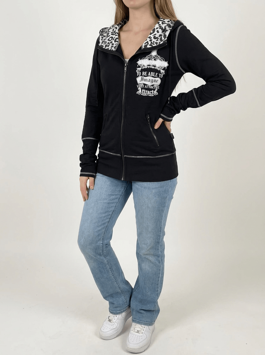 Leopard Lined Zip Up Hoodie Women Gothic Cross Graphic Warm Jacket — Kharites Shop - Kharites