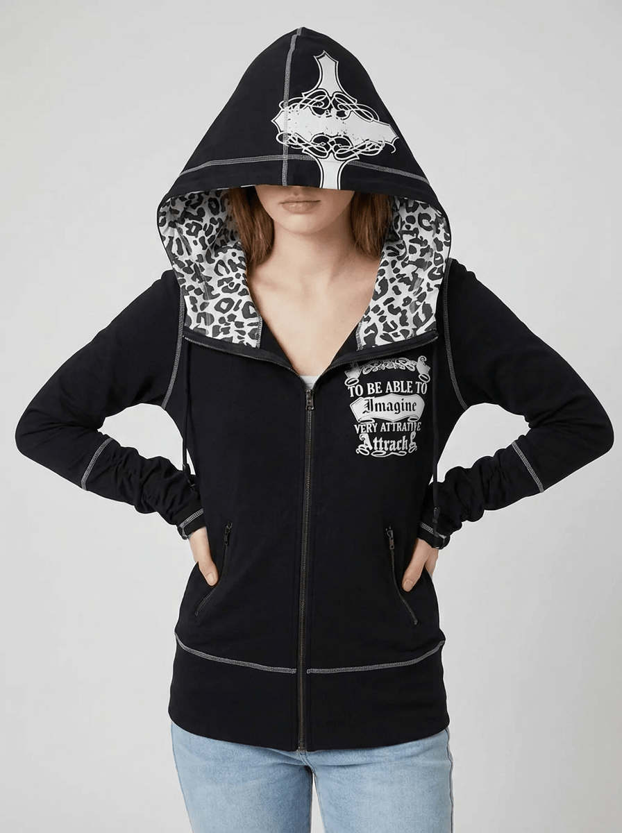 Leopard Lined Zip Up Hoodie Women Gothic Cross Graphic Warm Jacket — Kharites Shop - Kharites